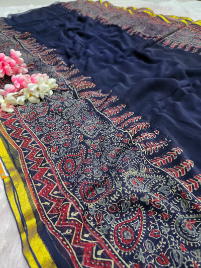 ca1450 Pure Rajasthani Diamond Chiffon Saree with Hand Print navy ajrakh flower saree