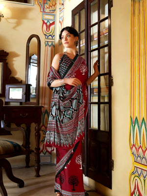 566008 Traditional Ajrakh Print Semi Modal Silk Sareee - Red
