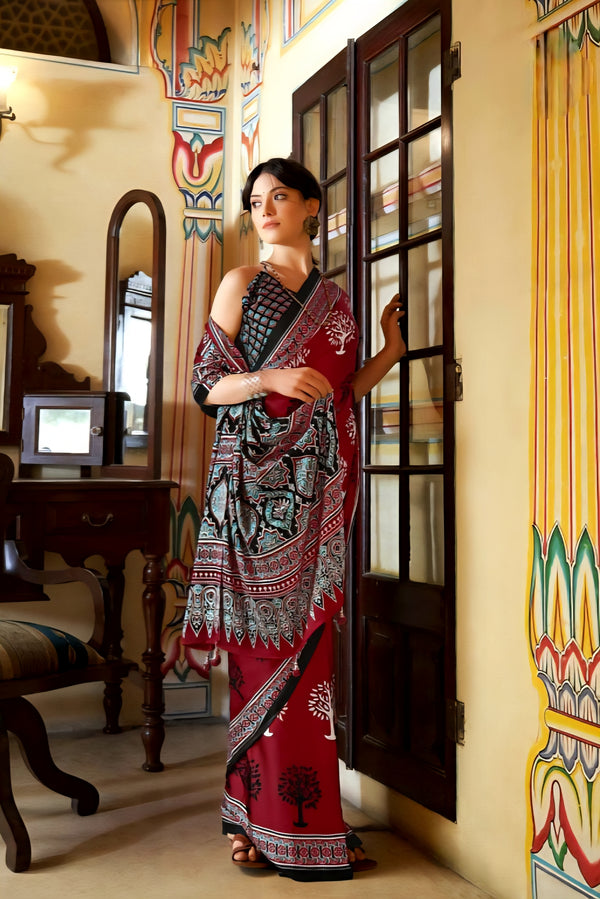 566008 Traditional Ajrakh Print Semi Modal Silk Sareee - Red