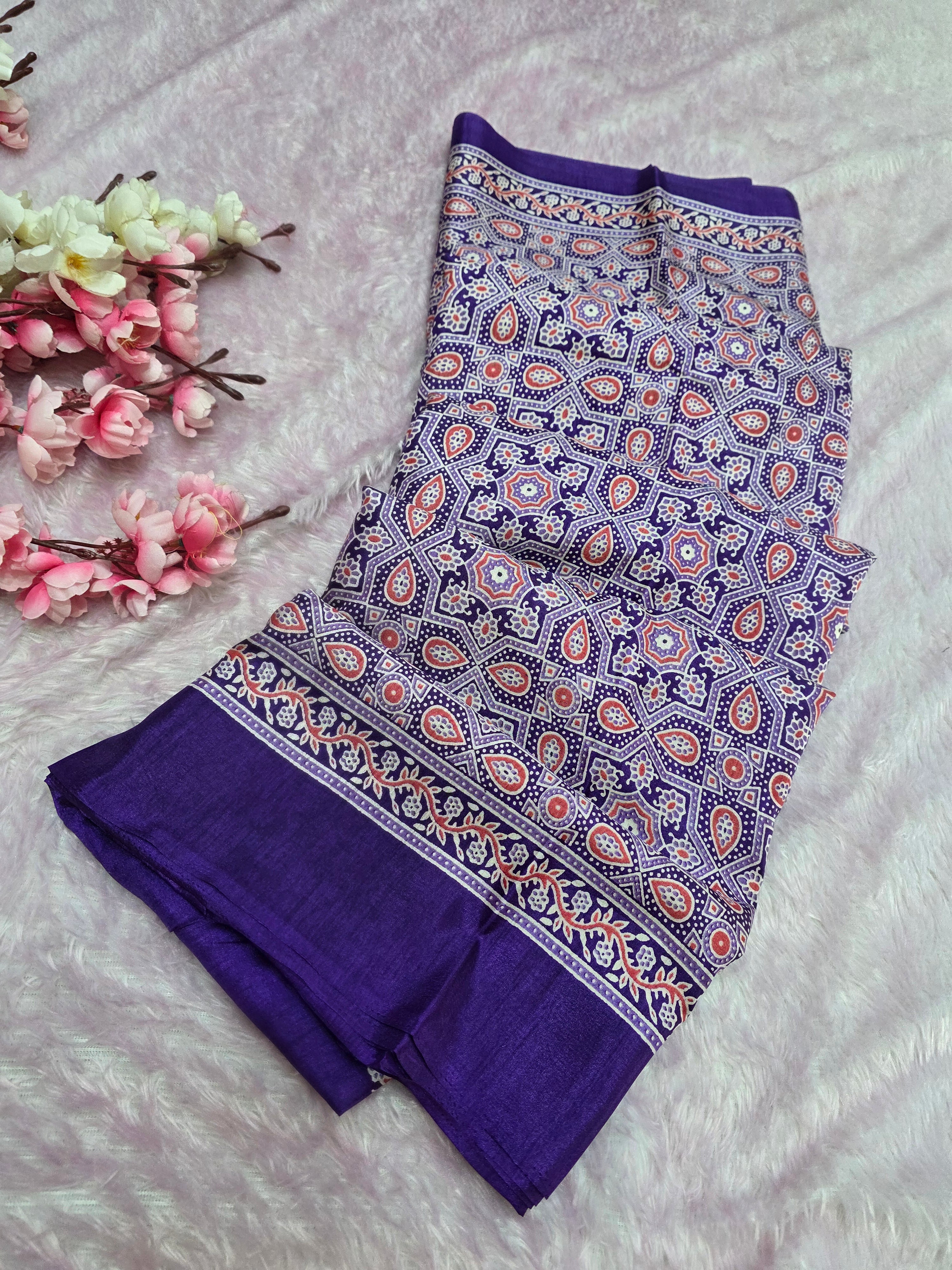 973001 Traditional Ajrakh Print Semi Dola Silk Saree - Purple