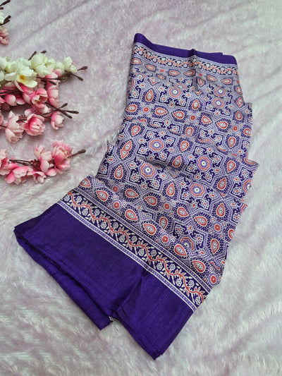 973001 Traditional Ajrakh Print Semi Dola Silk Saree - Purple