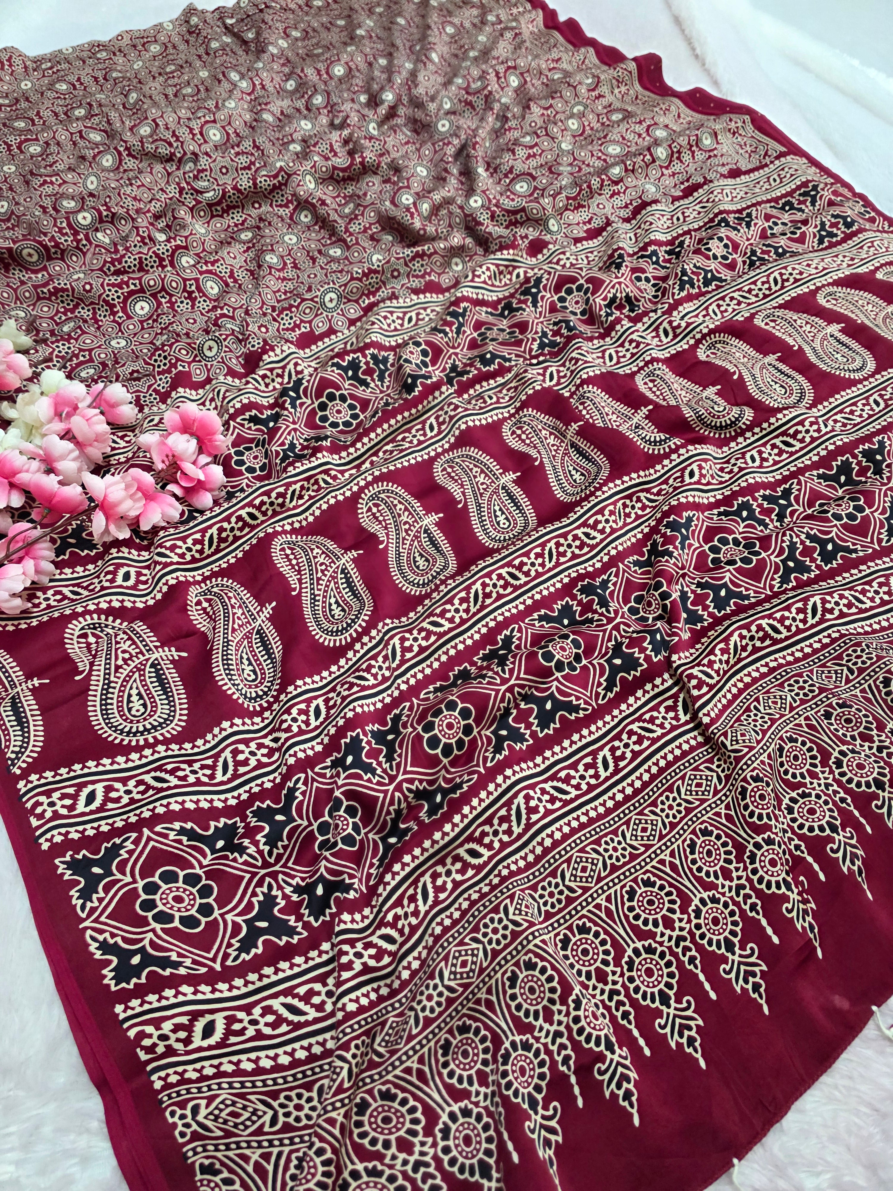 947001 Traditional Ajrakh Print Modal Silk Saree without Zari Pallu 2749