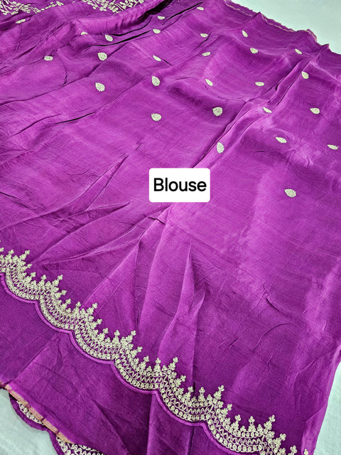 Designer Zari Embroidery Pure Dola Silk Saree With Beautiful Cutwork - Purple