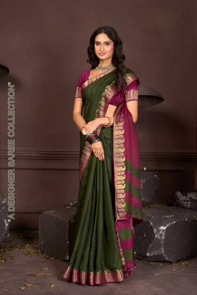 919003 Georgette Crepe Silk Soli Color with Banarasi Weaving  Border Saree - Green