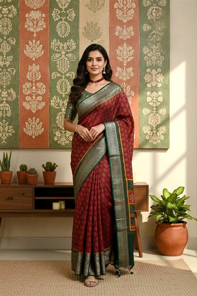 996004 Beautiful Pure Maslin Silk Traditional Print Saree with Zari Weaving Border and Heavy Brocket Blouse 100605