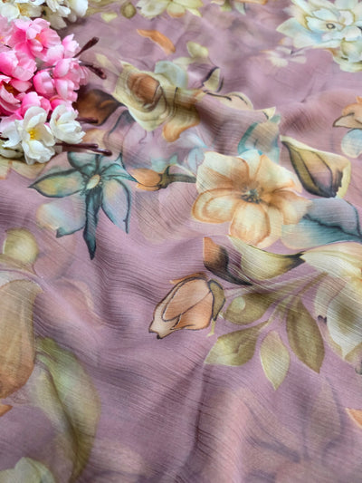 103901 Lightweight Elegant Semi Chiffon Flower Print Saree - Dusty Pink