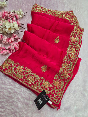 7247 Premium Rani Pink Pure Upada Silk Saree with Zardosi & Cutdana Handwork