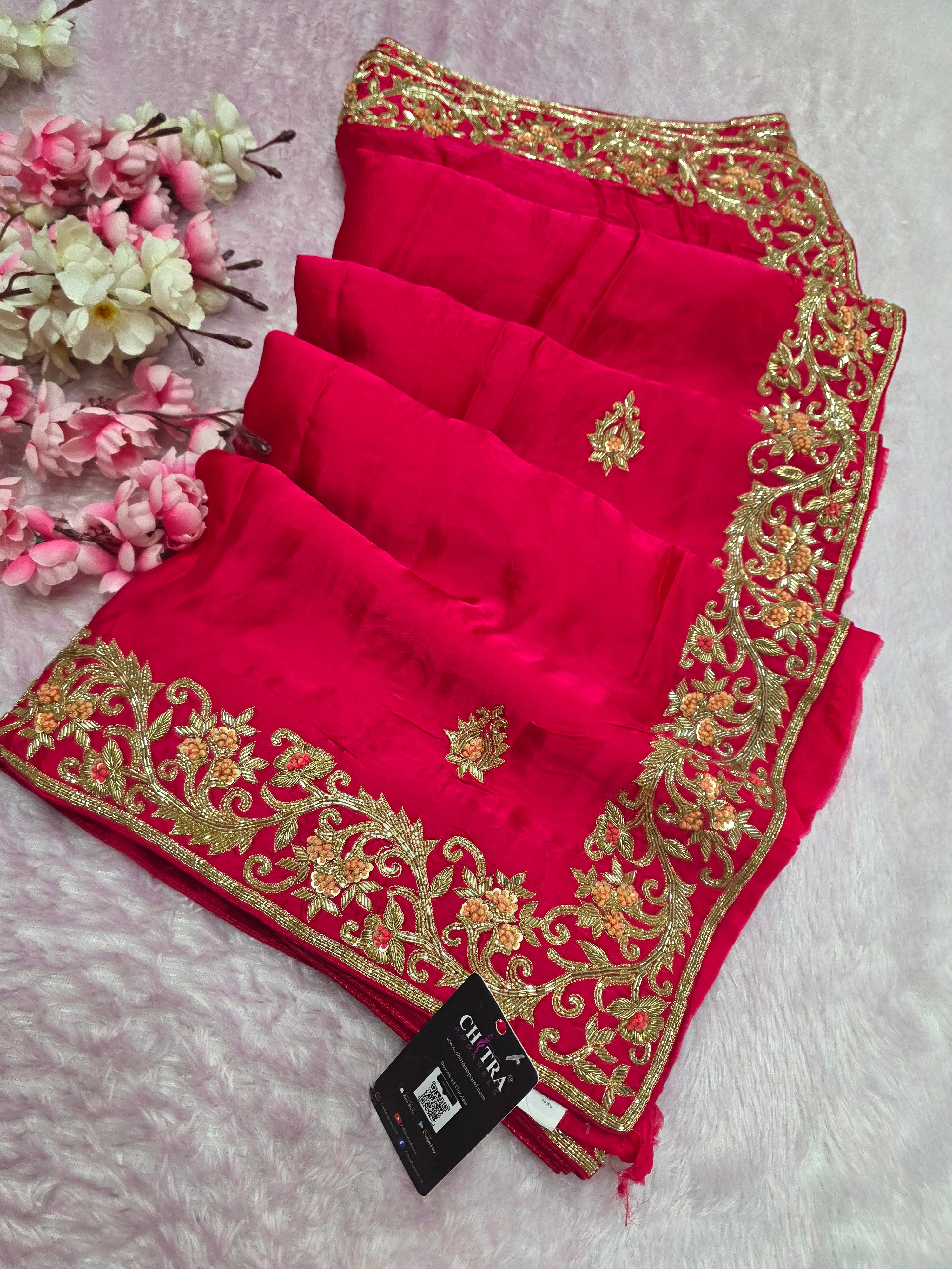 07247 Premium Rani Pink Pure Upada Silk Saree with Zardosi & Cutdana Handwork