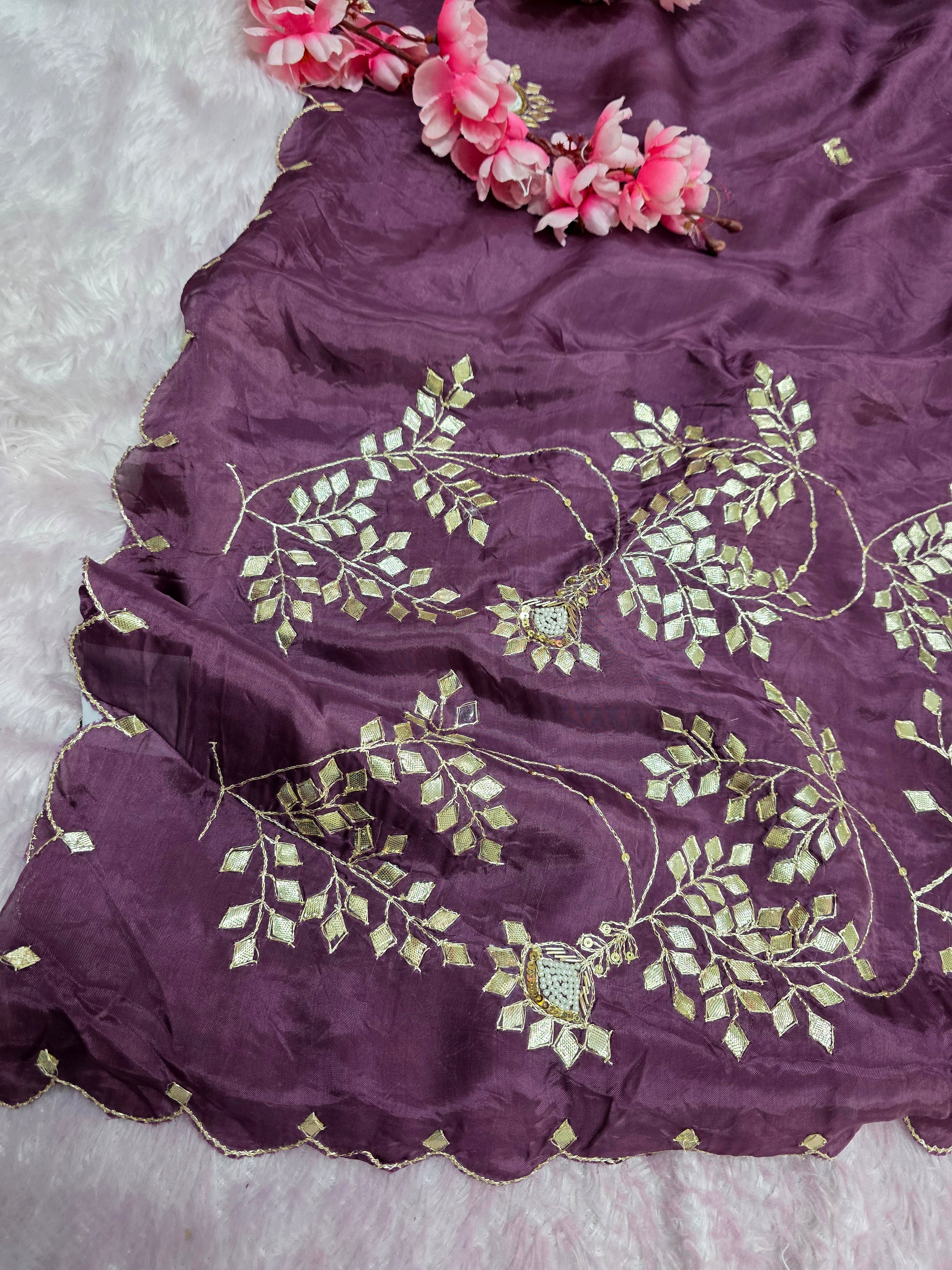 102601 Pure H.O. Silk Designer Saree with Rajasthani Aari Tari , Pearl and Gota Patti Work - Magenta