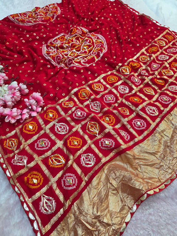 967002 Traditional Bandhani with Ghatchola Pallu Saree with Gota Patti Work - Red