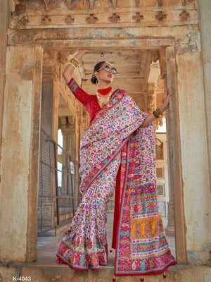 999005 Premium Kashmiri Print Silk Silver Gray Saree With Gold Print
