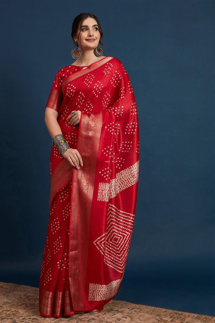 2422 Soft Semi Dola Silk Bandhani Print Saree with Banarasi Border - Red