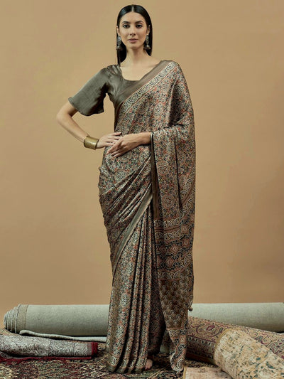 740006 Traditional Ajrakh Print Semi Modal Silk Saree _ Green