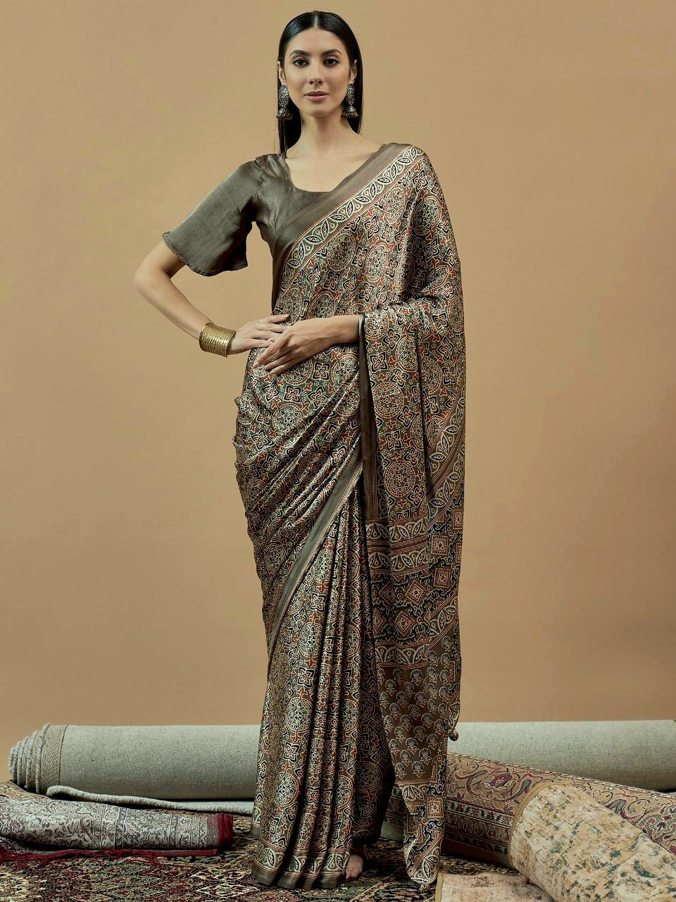 740006 Traditional Ajrakh Print Semi Modal Silk Saree _ Green