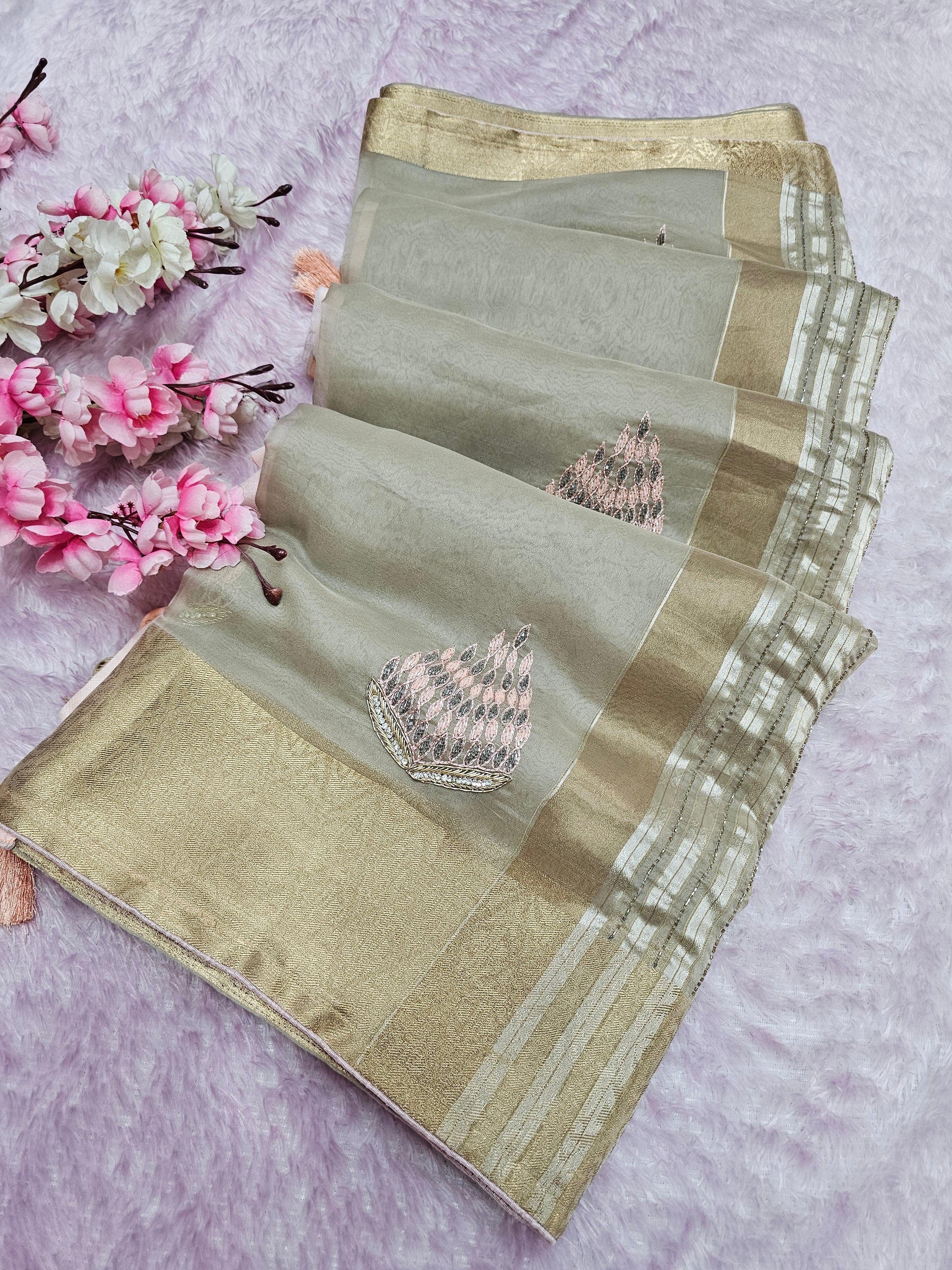 8585 Designer Organza Fabric Saree with Hand Cutdana Work - Beige