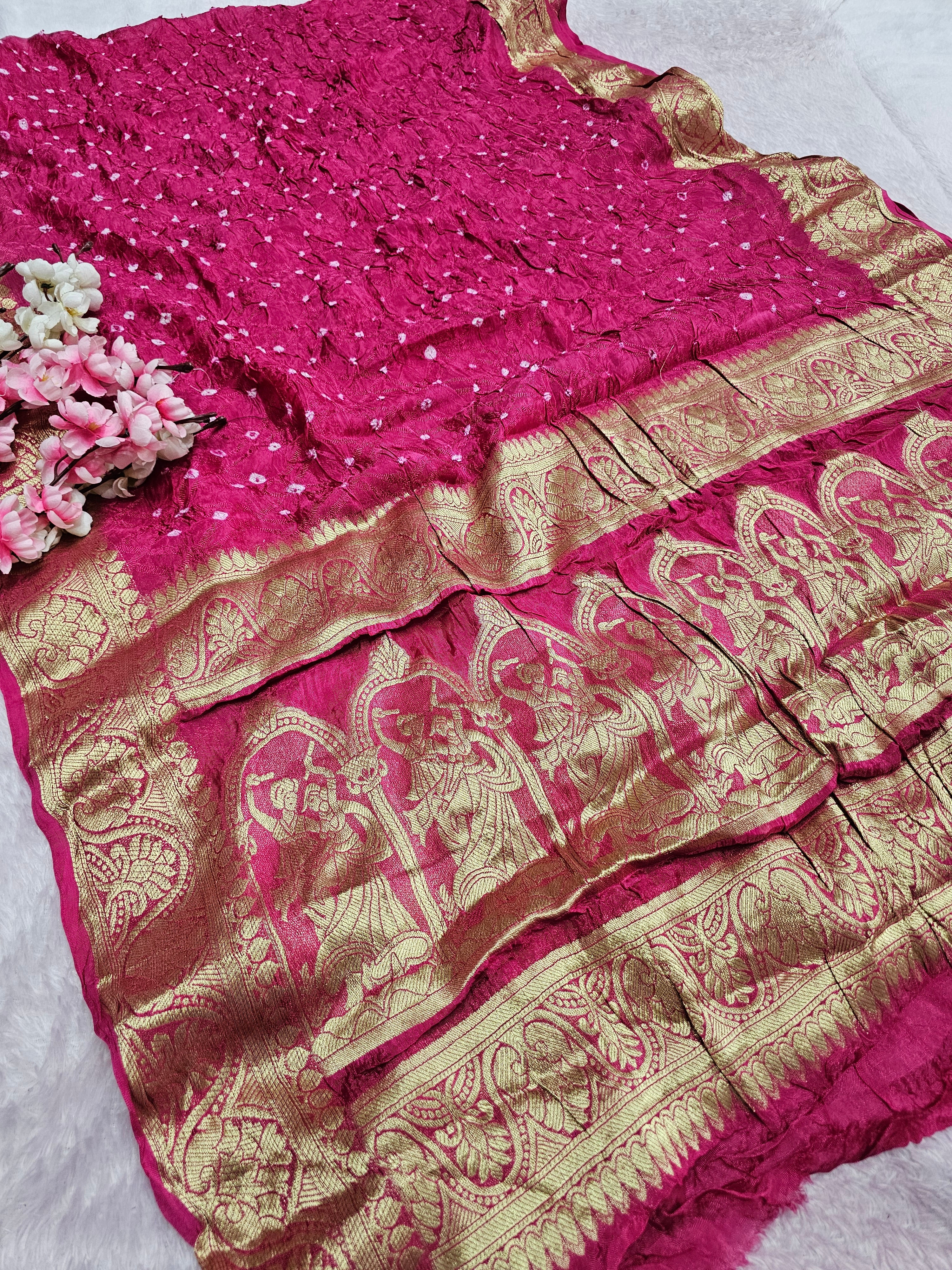 101801 Traditional Bandhani Saree with Banarasi Weaving Pallu and Border - Rani