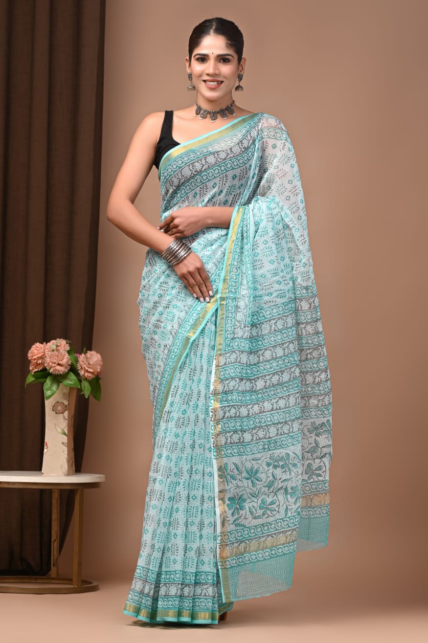 101602 Pure Kota Doriya Hand Printed Saree with Zari Weaving Border