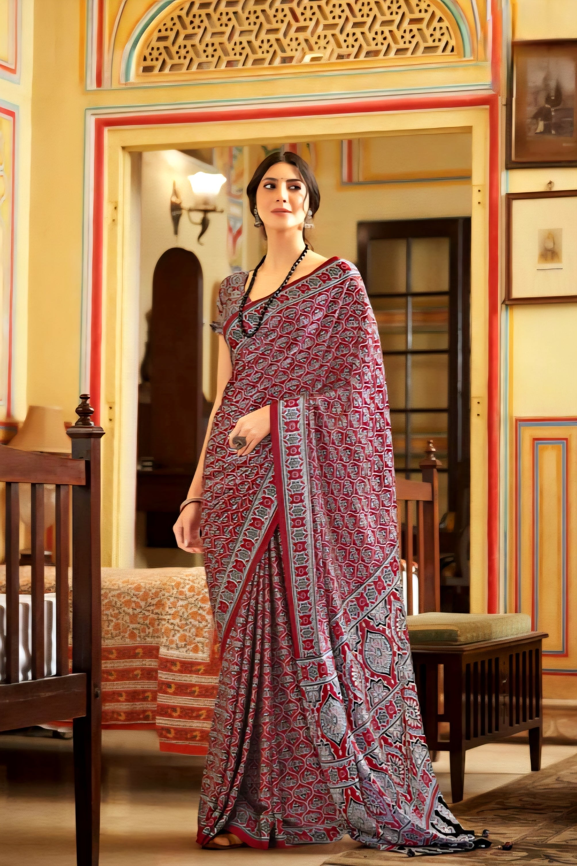 566004 Traditional Ajrakh Print Semi Modal Silk Saree - Red
