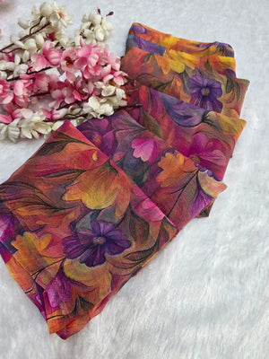 CA1469 Lightweight Elegant Semi Chiffon Flower Print Saree - Pink Purple