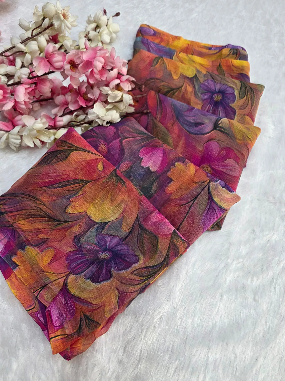 CA1469 Lightweight Elegant Semi Chiffon Flower Print Saree - Pink Purple