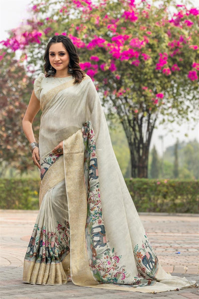 996006 Beautiful Pure Maslin Silk Traditional Print Saree with Zari Weaving Border Heavy Brocket Blouse