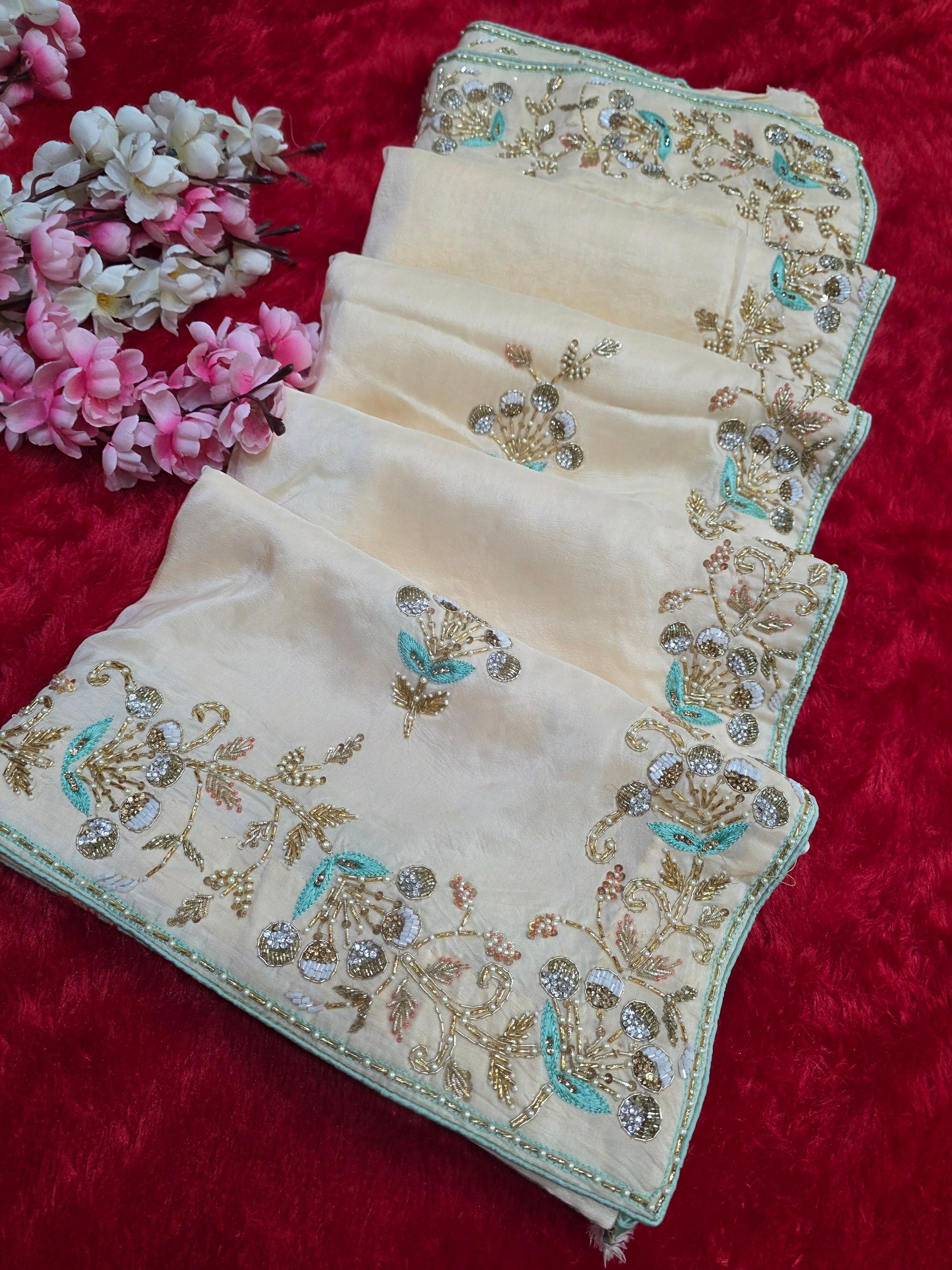 961002 Pure Crepe Silk Beautiful Hand Crafted Designer Ivory Peach Saree 4869