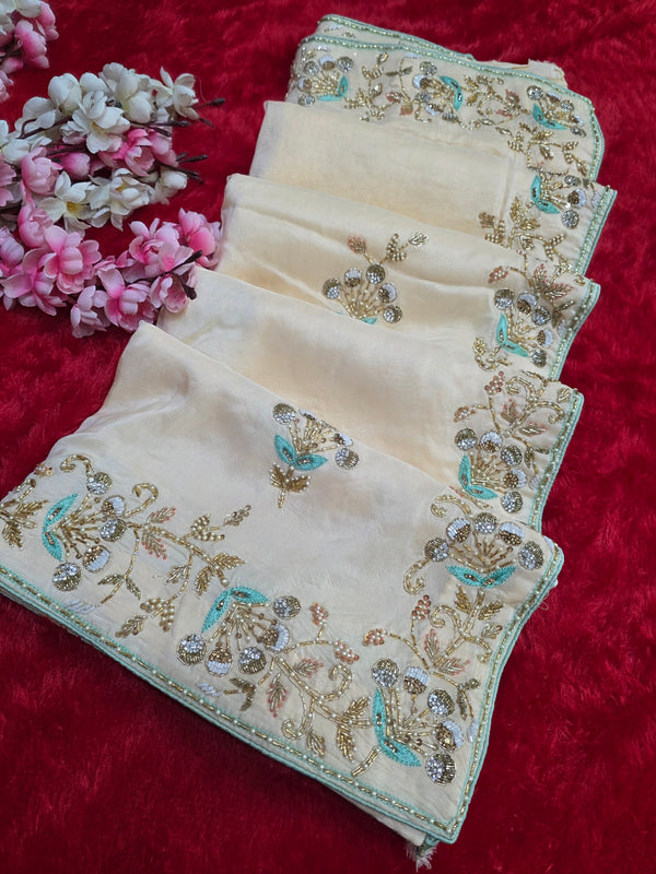 961002 Pure Crepe Silk Beautiful Hand Crafted Designer Ivory Peach Saree 4869