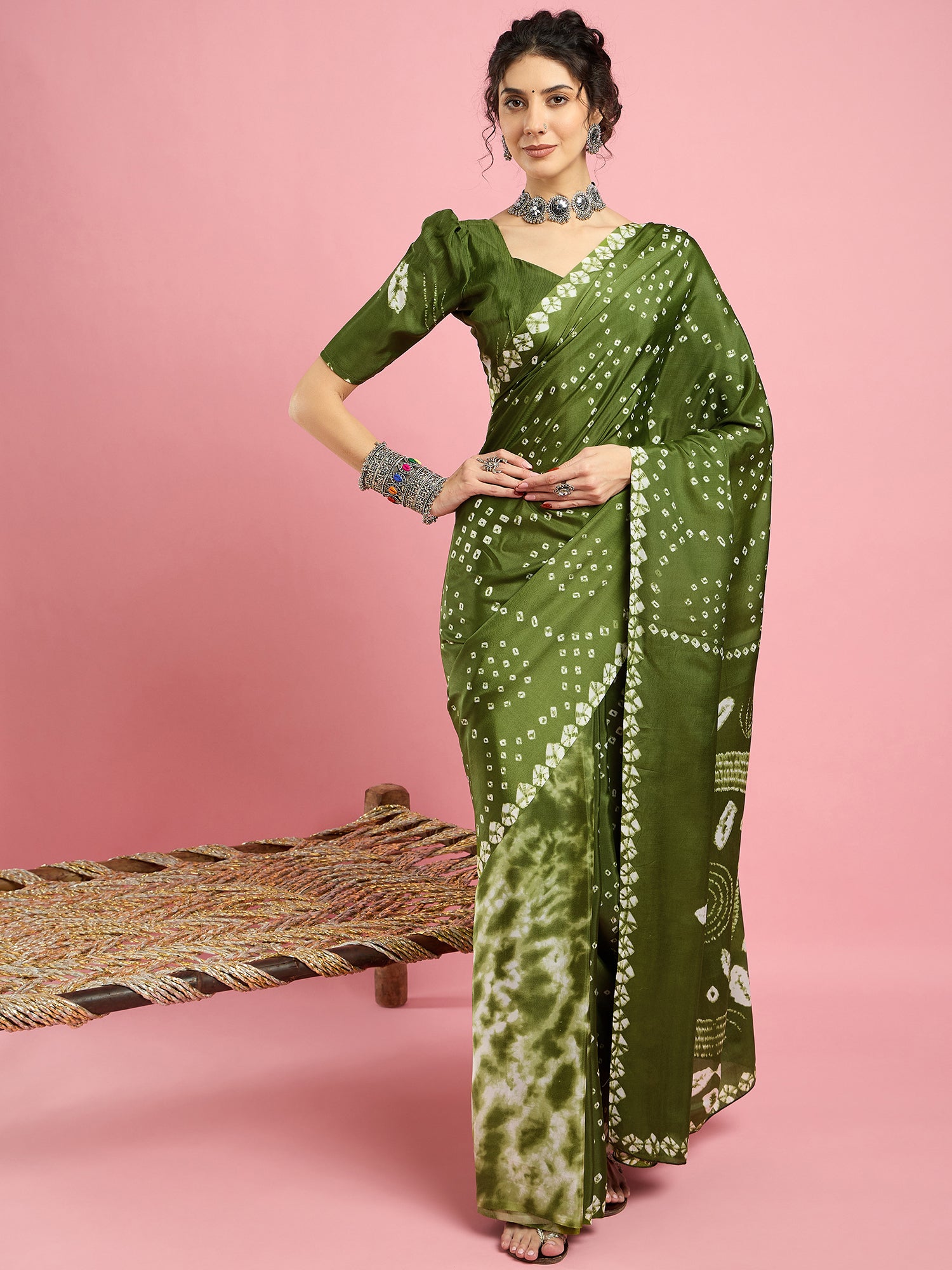 2044 Traditional Bandhani with Shibori Print Soft Satin Silk Saree - LIGHT GREEN