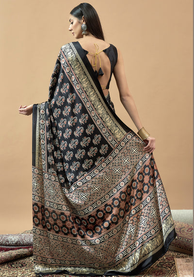 971001 Trending Ajrakh Print Semi Modal Silk Saree