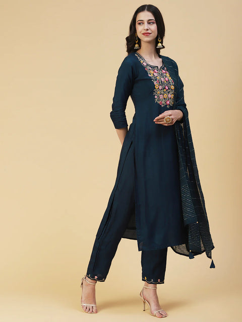 Floral Hand Embroidered Straight Fit Kurta With Pant & Dupatta - Teal Blue