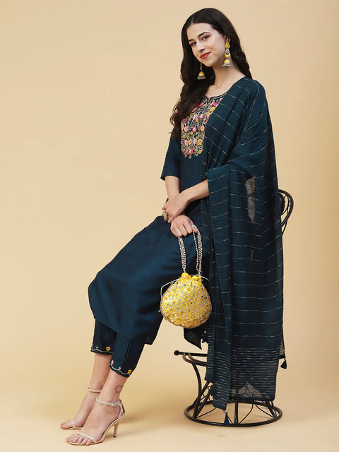 Floral Hand Embroidered Straight Fit Kurta With Pant & Dupatta - Teal Blue