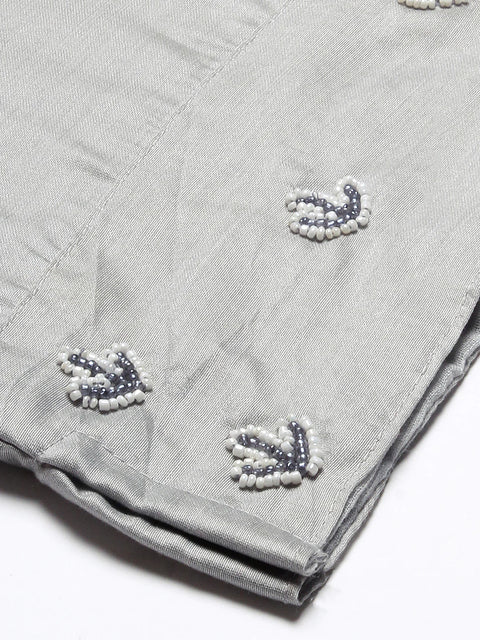Solid Cutdana & Beads Embroidered Kurta With Pants & Dupatta - Grey