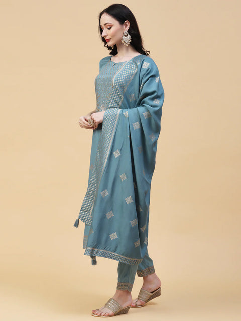 Ethnic Woven & Embroidered  Powder Blue Straight Kurta With Pant & Dupatta