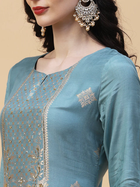 Ethnic Woven & Embroidered  Powder Blue Straight Kurta With Pant & Dupatta