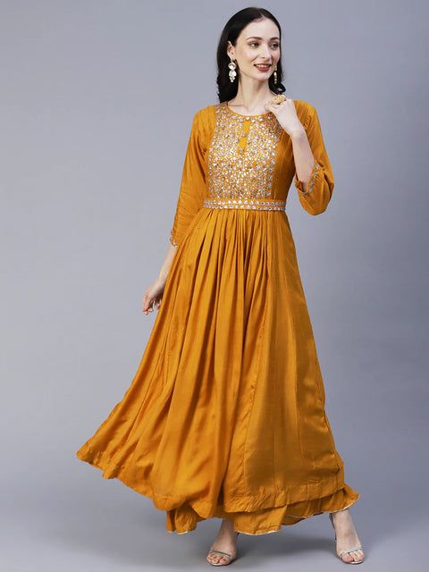 Solid Sequins & Stones Embroidered Gown With Belt & Pre-Stitched Stylized Dupatta - Mustard