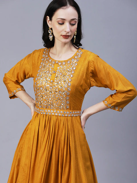 Solid Sequins & Stones Embroidered Gown With Belt & Pre-Stitched Stylized Dupatta - Mustard