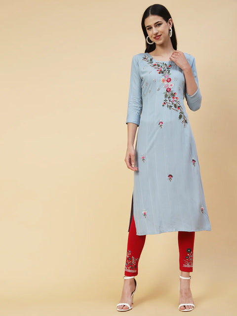 150007 Woven Stripes & Floral Hand Embroidered Straight Fit Kurta - Powder Blue