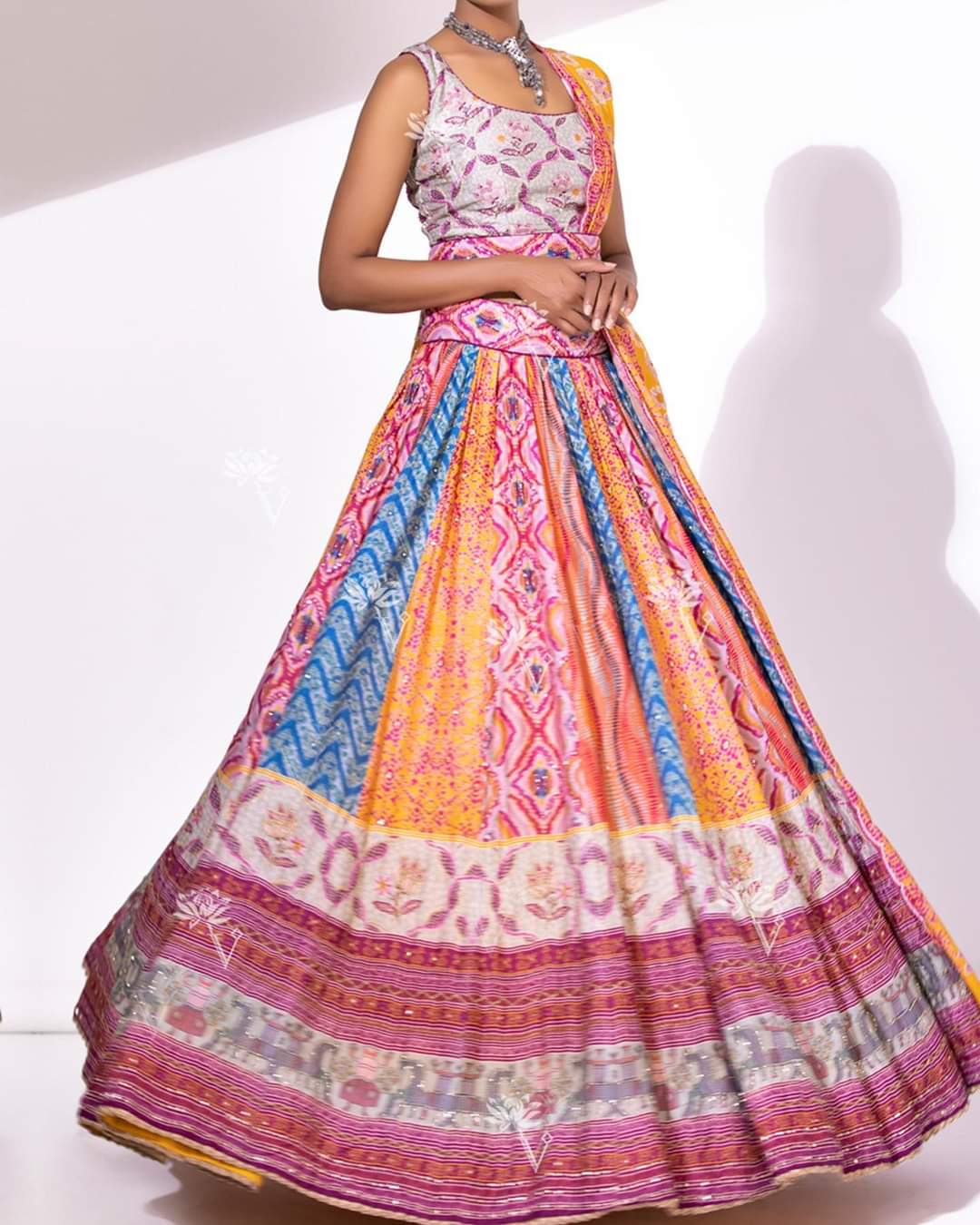 Multi Colour Silk Lehenga Set