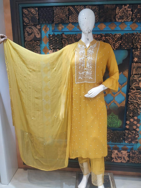 Designer Yellow Georgette Kurti With Pant and Dupatta