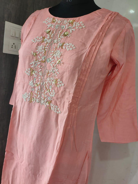 Designer Pink Maslin Kurti With Pant and Dupatta