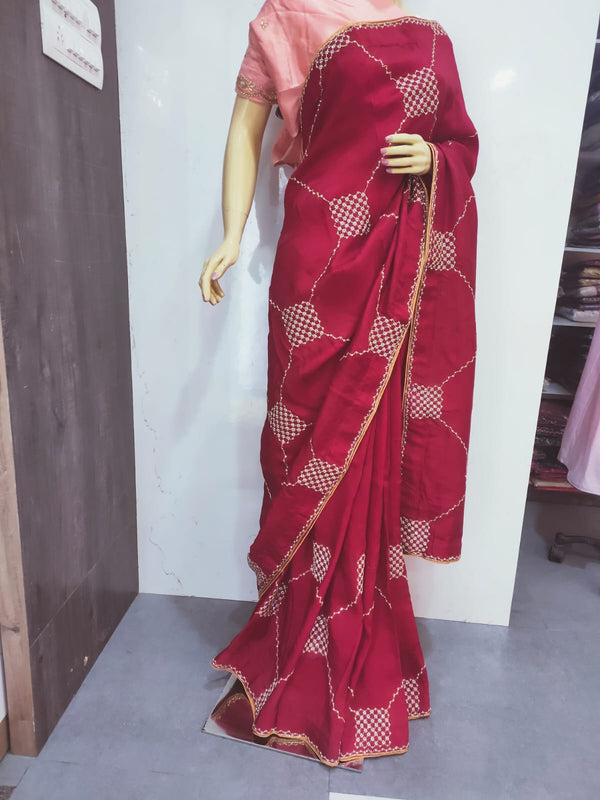 Designer Party Wear Russian Silk Dark Red Saree