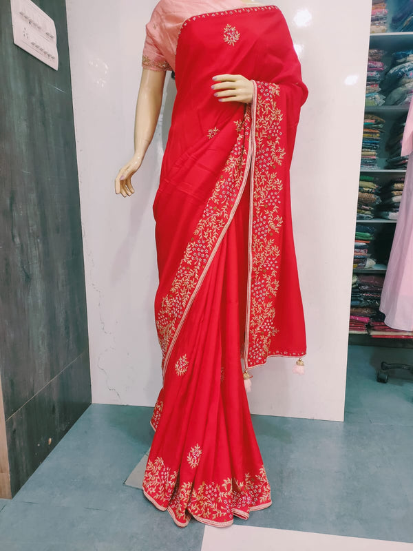 Designer Party Wear Russian Silk Red Saree