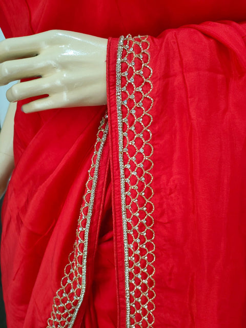 Designer Party Wear Russian Silk Red Saree