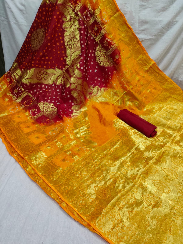 245002 Handmade Bandhani Silk Saree- Red and Yellow