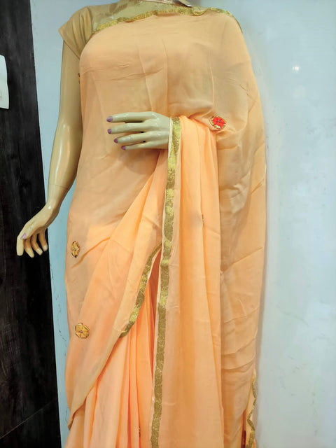254003 Rajasthani Pure Chinon Silk Saree- Orange Pallu