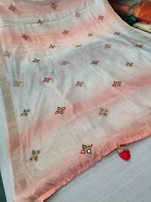 292004 Linen Saree With Zari Border And Work - Sky Blue