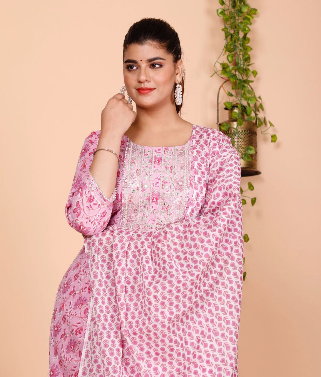 107010 Cotton Kurti Pant Set with Dupatta