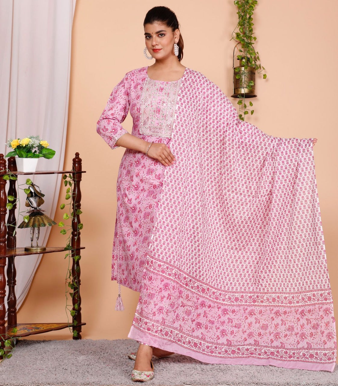 107010 Cotton Kurti Pant Set with Dupatta