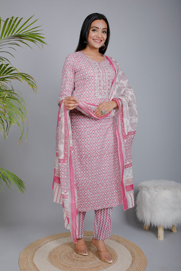 107011 Cotton Kurti Pant Set with Dupatta