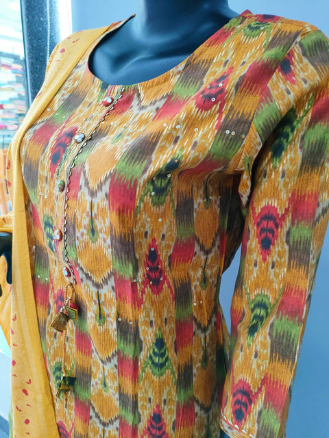 Multicolor Muslin Silk Straight Pant Dupatta Set - 9809